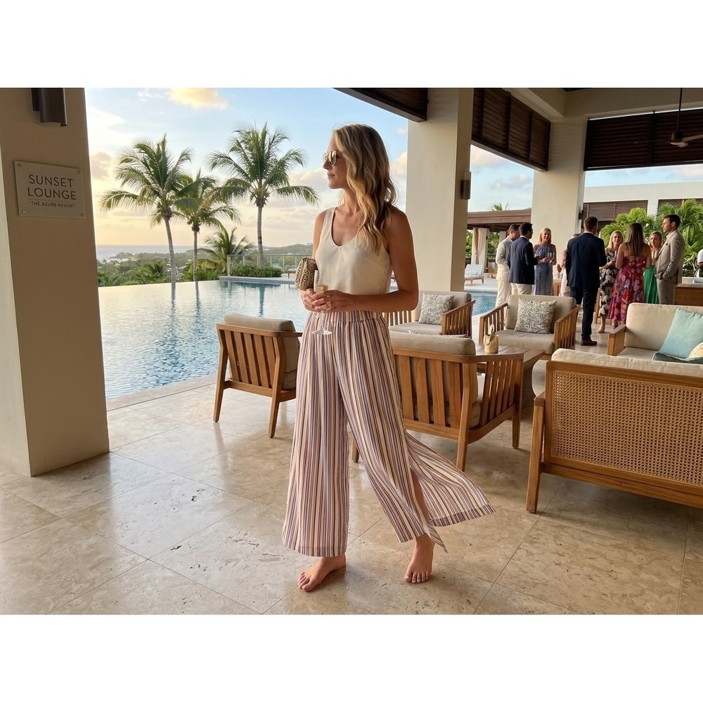 Cupshe Striped Wide Leg Pants High Waist Side Slit Beach Resort Multi Color M
